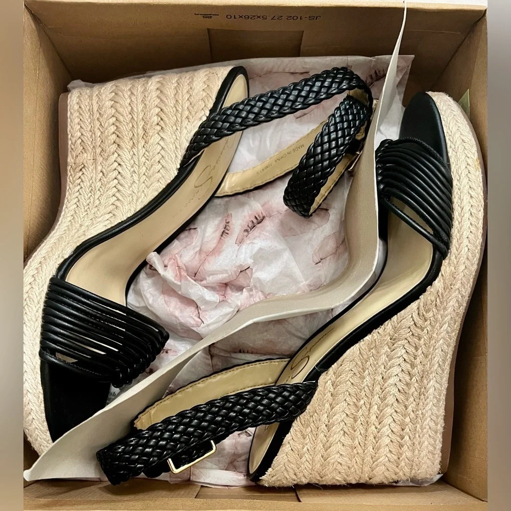 NIB Jessica Simpson Talise Knotted Strap Wedge Sandals- Black 10